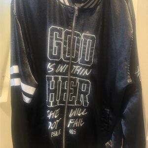 3:16 Collection Black Bomber Jacket with White Scripture Psalms 46:5